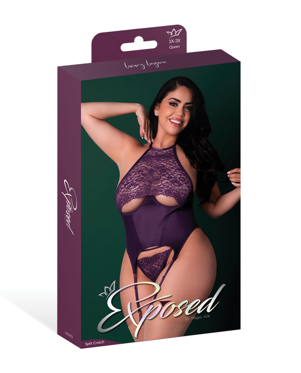 Leather & Lace Stretch Mesh and Lace Underboob Cutout Corset & Panty 2 pc Set - Plum (Plus Size)