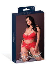 Sugar High Lace Bralette With Garter Belt & Strappy Panty 3 pc Set - Red (Plus Size)