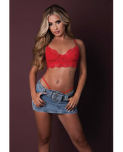 Sugar High Lace Bralette With Garter Belt & Strappy Panty 3 pc Set - Red L/XL