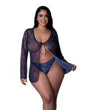 Hazy Dayz Butterfly Blacklight Reflective Tie Front Top & Thong 2 pc Set - Black Multi (Plus Size)