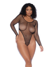 Fishnet Long Sleeve High Leg Bodysuit - Black (Plus Size)