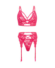Aphrodite Lace Keyhole Bralette With Garters & G-String - Raspberry