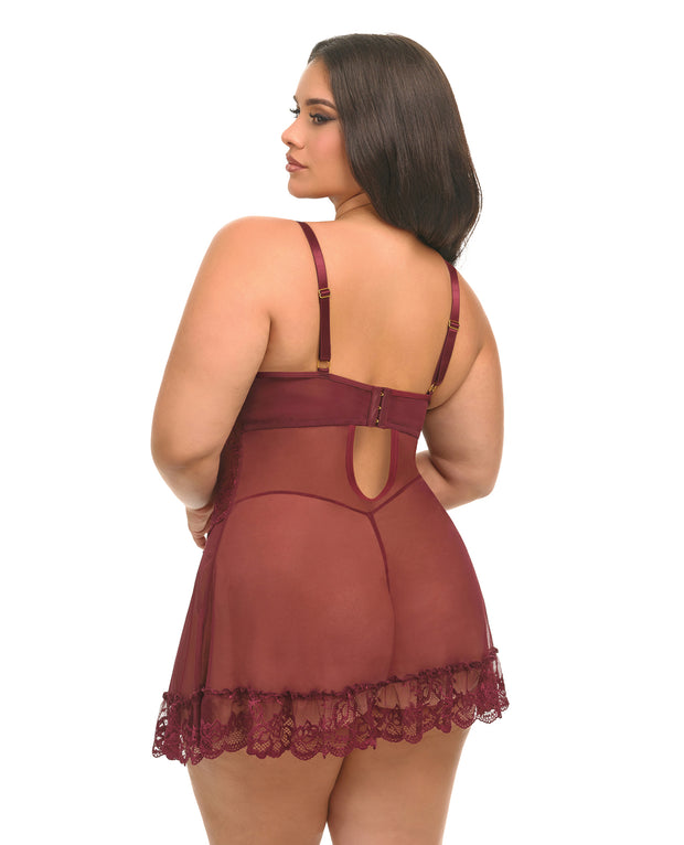 Valentine Lacey Babydoll With G-String - Zinfandel