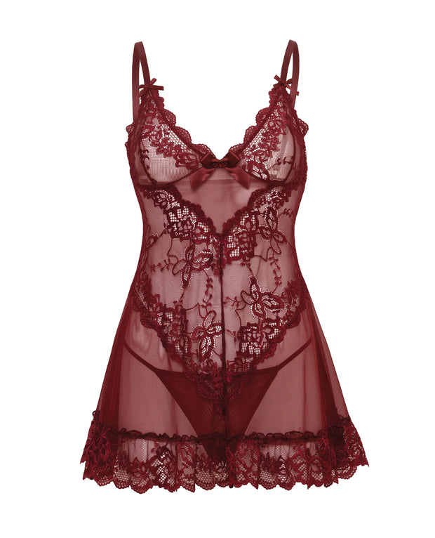 Valentine Lacey Babydoll With G-String - Zinfandel