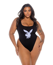 Playboy Scoop Neck Teddy With Thong Back & Bunny Logo - Black/Lavender (Plus Size)