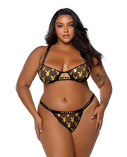 Playboy Gold Foil Mesh & Satin Bralette With Thong 2 pc Set - Black/Gold  (Plus Size)