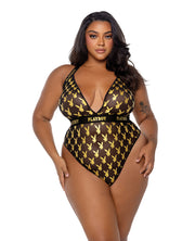 Playboy Bunny Gold Foil Halter Teddy - Black/Gold (Plus Size)