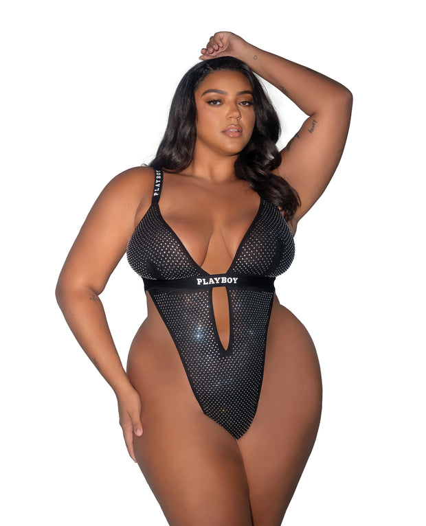 Playboy Disco Fever Rhinestone & Spandex Teddy - Black  (Plus Size)