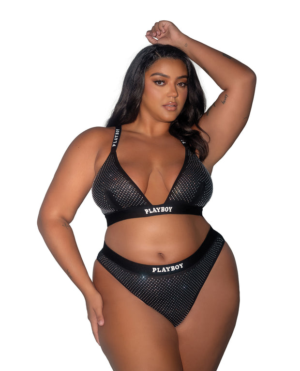 Playboy Disco Fever Rhinestone Bralette With Thong 2 pc Set - Black (Plus Size)