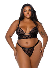 Playboy Bunny Charm Mesh Bralette With Thong 2 pc Set - Black (Plus Size)