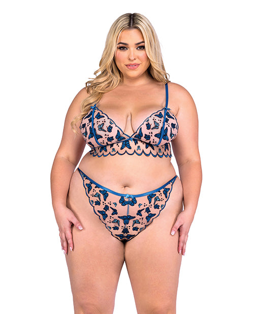 Butterfly Beauty Embroidered Bralette & Panty Blue (Plus Size)