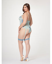 Lace & Mesh Bustier With Lace Up Center, Garter Belt & Thong Blue (Plus Size)