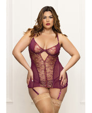 Metallic Lace with Mesh Gartered Chemise & Thong - Plum (Plus Size)