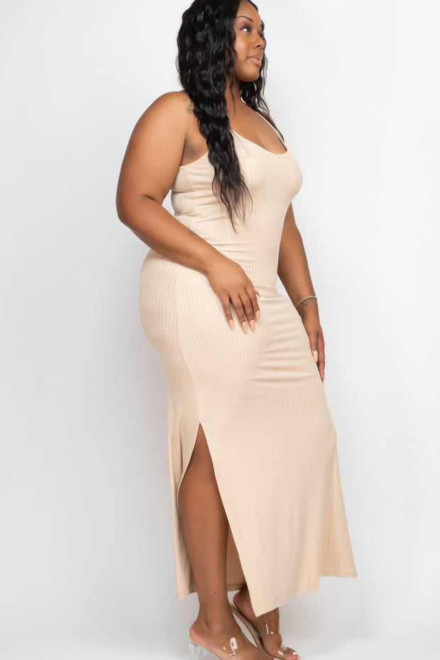 Plus Size Ribbed Side Slit Long Cami Maxi Dress