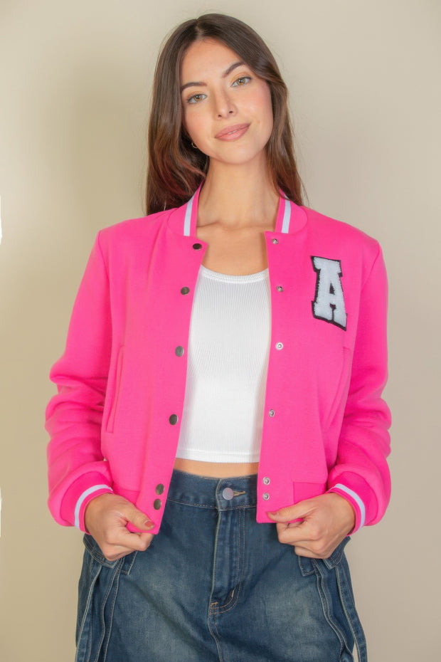 Ezwear Letter Patched Crop Varsity Jacket