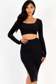 Ribbed Long Sleeve Crop Top & Skirt Set