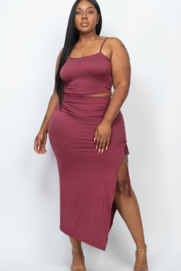 Plus Size Cami Crop Top & Ruched Side Split Hem Midi Skirt Set