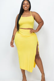 Plus Size Cami Crop Top & Ruched Side Split Hem Midi Skirt Set