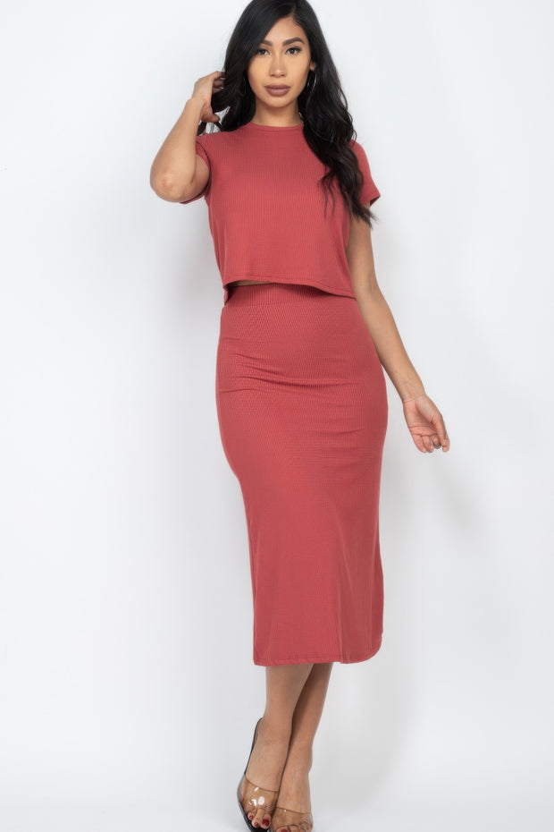 Short Sleeve Ribbed Top & Midi Skirt Set