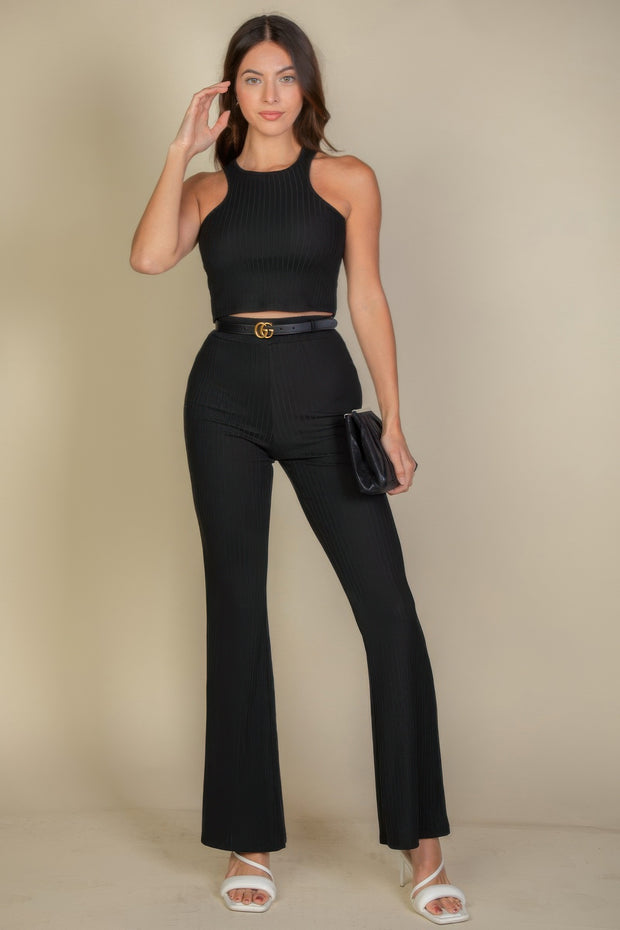 Ribbed Cropped Top And Bootcut Pants Sets