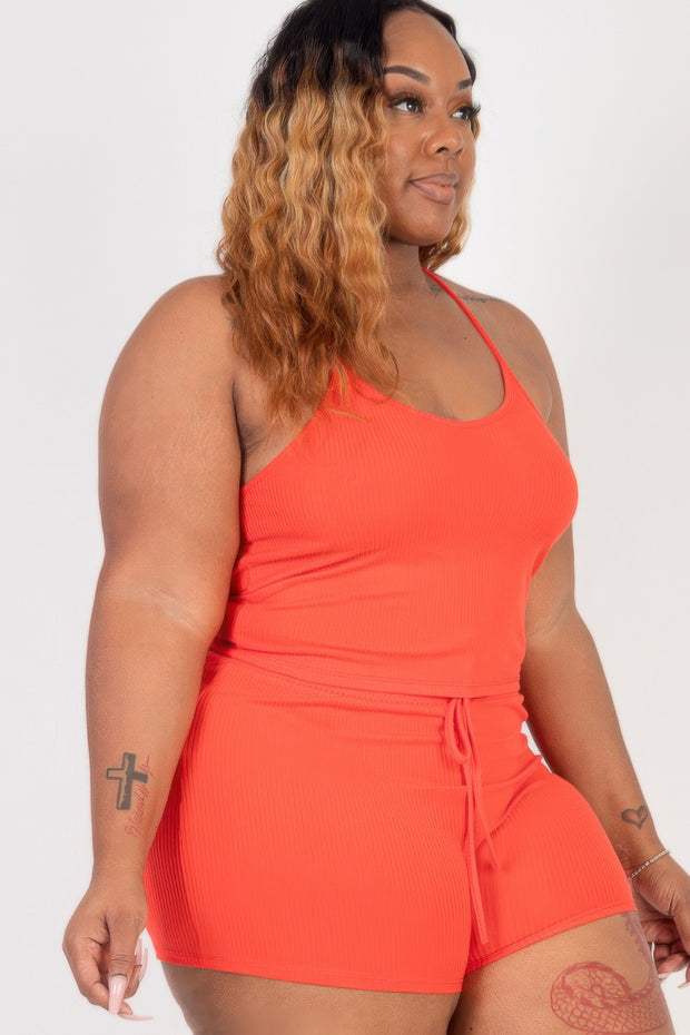 Plus Size Ribbed Crop Cami Top & Shorts Set