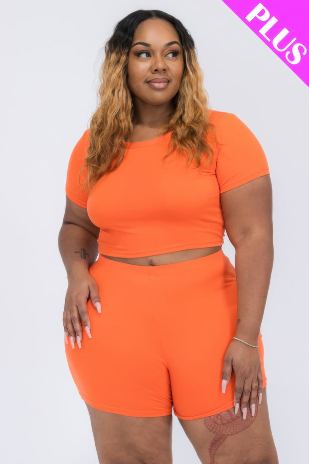 Plus Size Short Sleeve Crop Top & Shorts Set