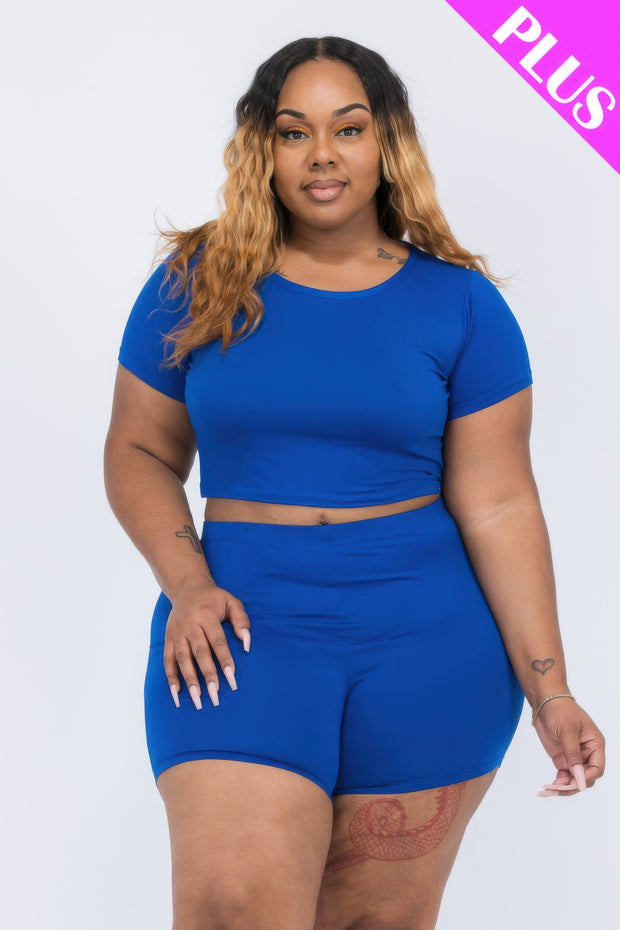 Plus Size Short Sleeve Crop Top & Shorts Set