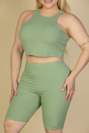 Plus Size Ribbed Cropped Tank Top And Biker Shorts Set