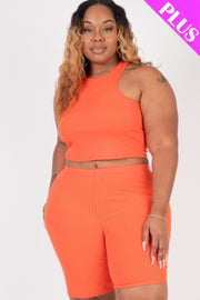 Plus Size Ribbed Cropped Tank Top And Biker Shorts Set