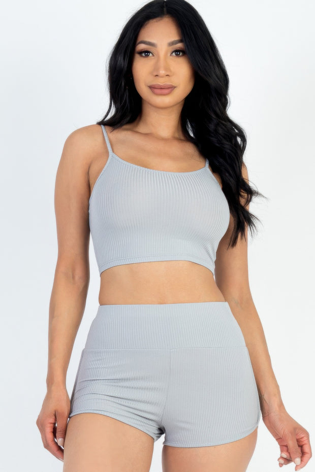 Ribbed Cami Crop Top & Ruched Shorts Set