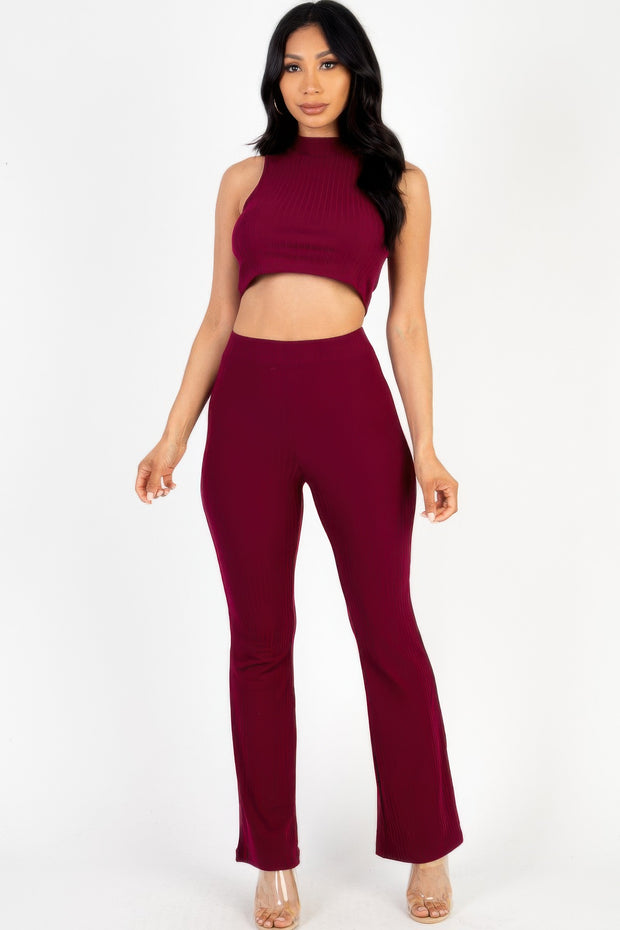 Ribbed Mock Neck Crop Tank Top & Bootcut Pants Set