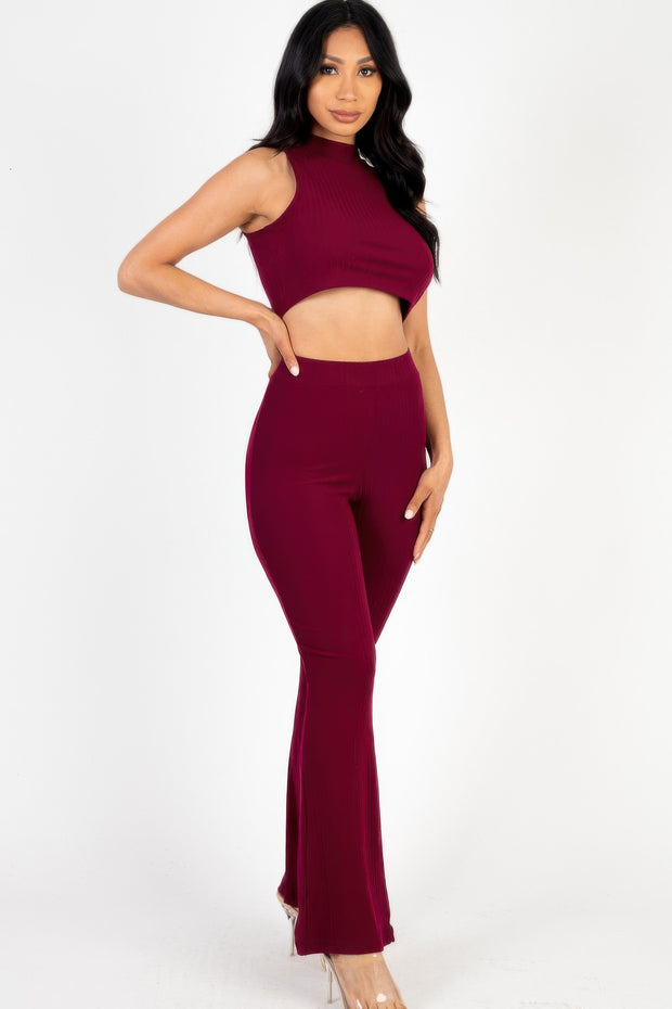 Ribbed Mock Neck Crop Tank Top & Bootcut Pants Set