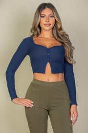 Ribbed Button Front Split Long Sleeve Top