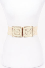 Faux Straw Two Buckle Elastic Belt