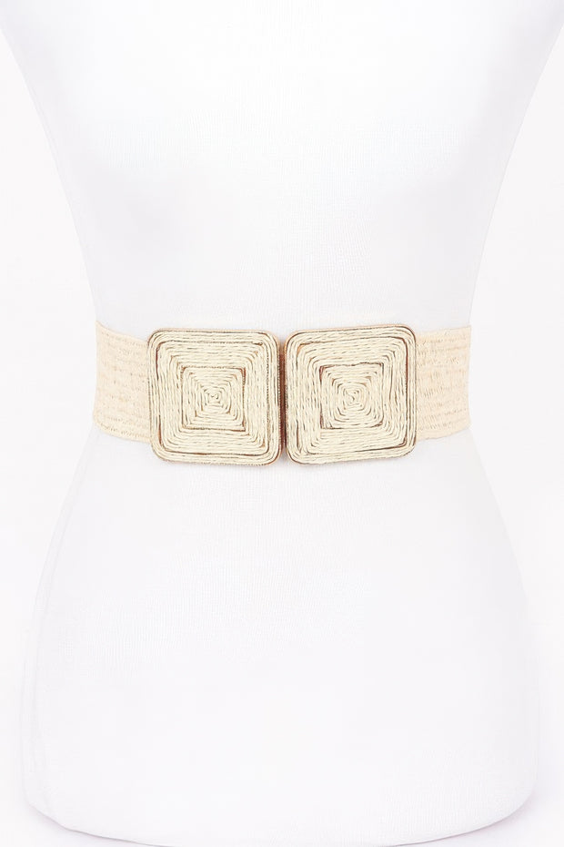 Faux Straw Two Buckle Elastic Belt