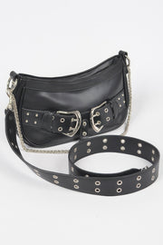 Faux Leather Stud Double Buckles Shoulder Bag