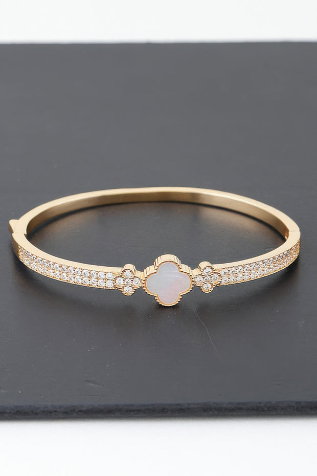 Gold Plated Pearl And Cz Pave Clover Bangle Bracelet