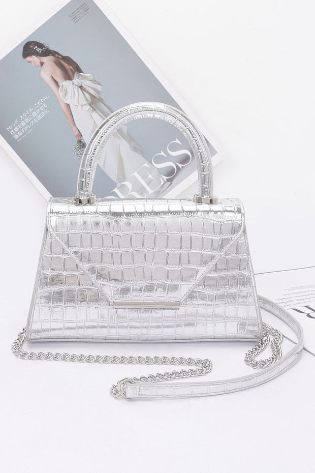 Crocodile Embossed Metallic Leather Top Handle Bag