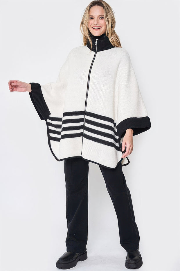 Sporty Bordered Zip Up Knit Kimono