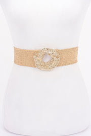 Metal Buckle Elastic Faux Straw Belt