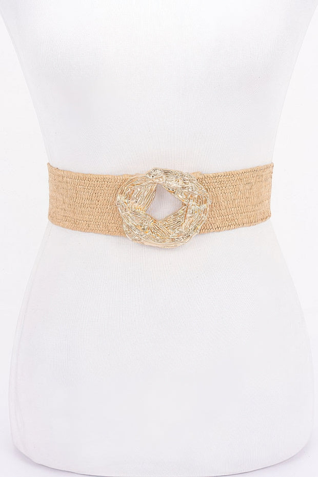 Metal Buckle Elastic Faux Straw Belt