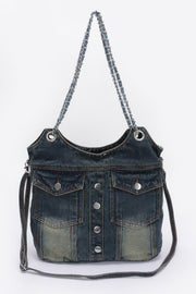 Washed Denim Double Pockets Tote Bag