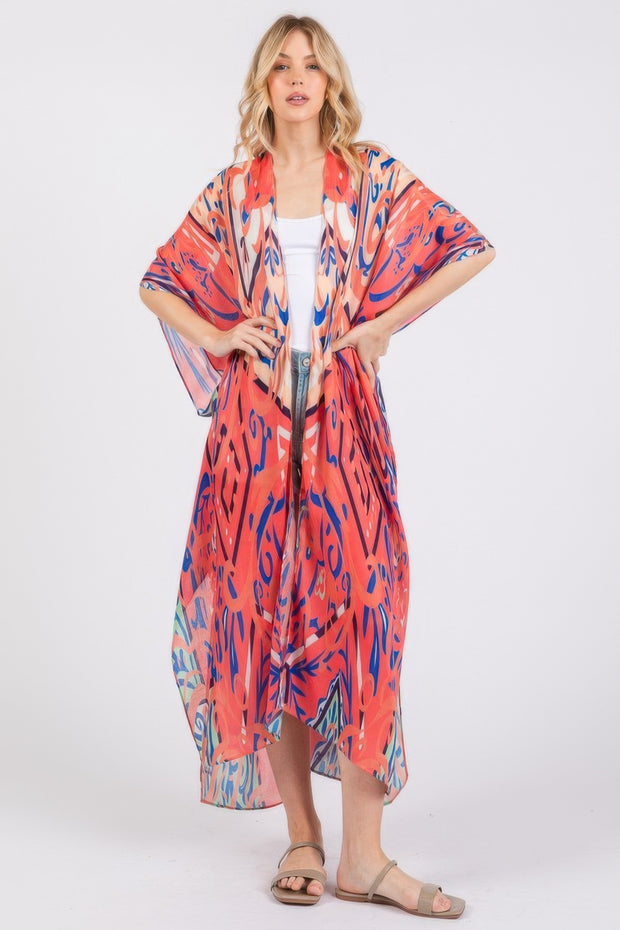 Boho Print Open Front Long Kimono