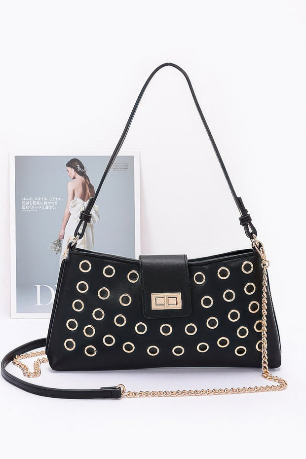 Faux Leather Eyelet Studded Shoulder Bag