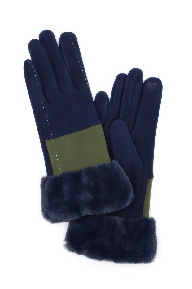 Two Tone And Stitch Lines Fauxfur Smart Touch Gloves