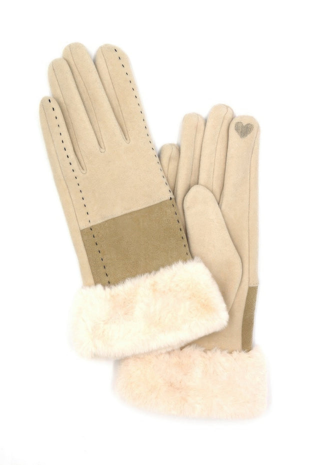 Two Tone And Stitch Lines Fauxfur Smart Touch Gloves