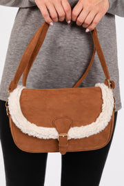 Fleece Trimmed Solid Crossbodybag Adjustable Strap