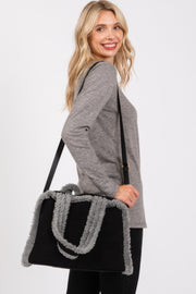 Fleece Trimmed Solid Tote And Crossbody Bag