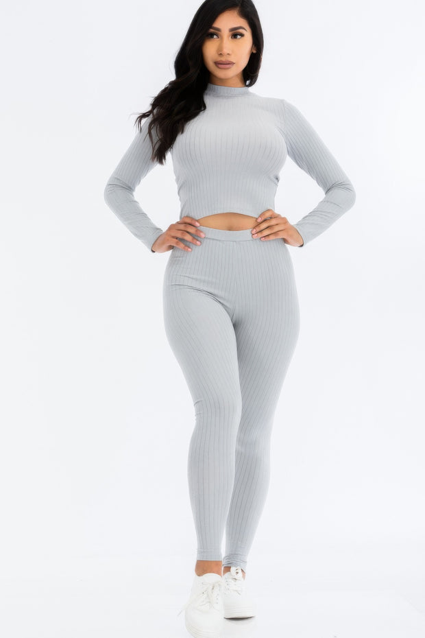 Ribbed Mock Neck Long Sleeve Top & Leggings Set