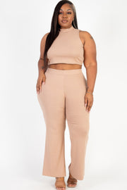 Plus Size Ribbed Mock Neck Crop Tank Top  & Bootcut Pants Set